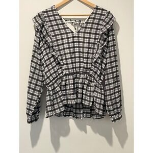 Plaid Ruffle Peplum Blouse‎ A Beautiful Soul Long Sleeve 1X Top